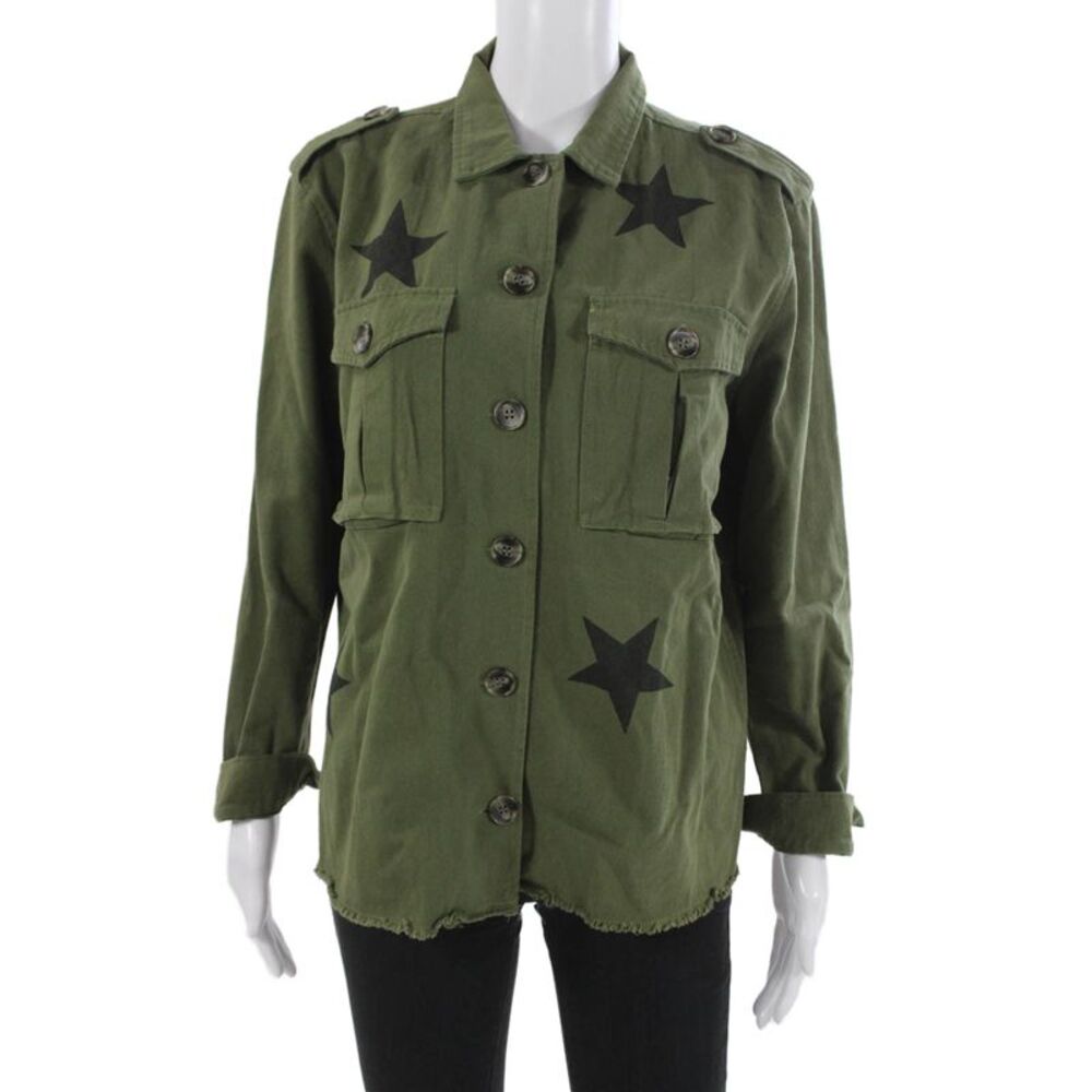 six/fifty Womens Military Jacket Green Cotton Button Graphic Army Size M